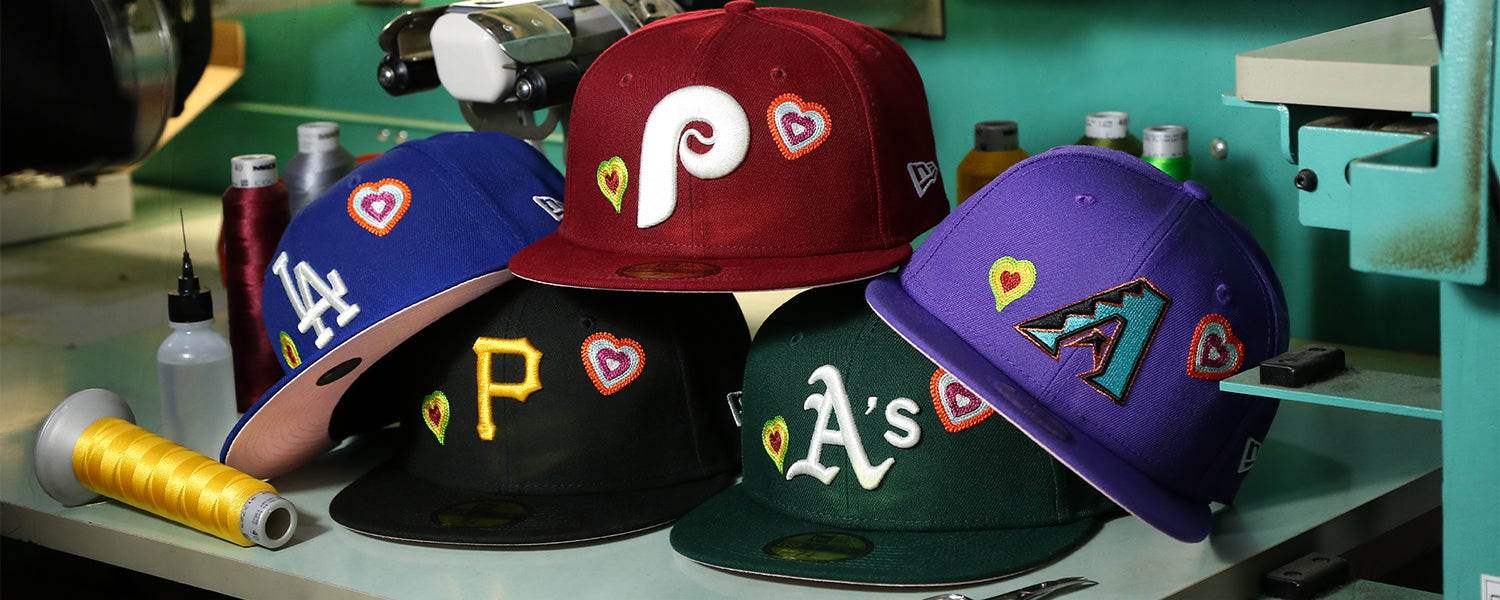 59Fifty Chain Stitch Hearts Pink Undervisor Fitted Caps | All Over Embroidered Hearts 59Fifty Caps With Pink Bottoms | 5950 Embroidered Chain Stitch Hearts MLB Caps