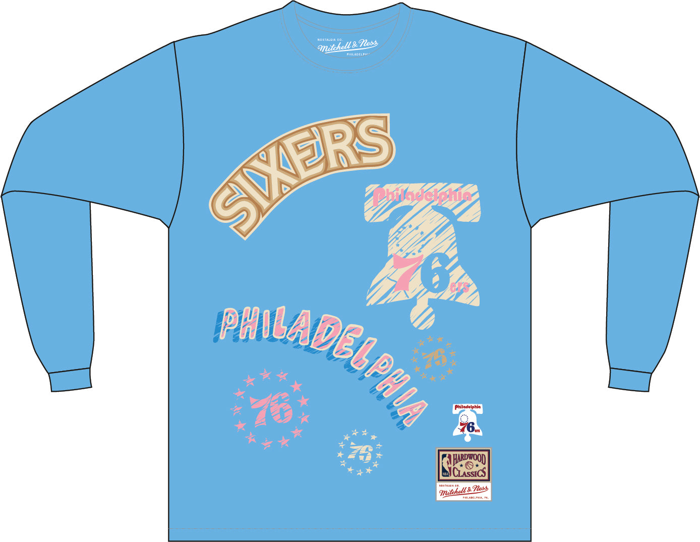 Mitchell & Ness Philadelphia 76ers Hardwood Classics Sidewalk Sketch | Light Blue Long Sleeve T-Shirt Medium