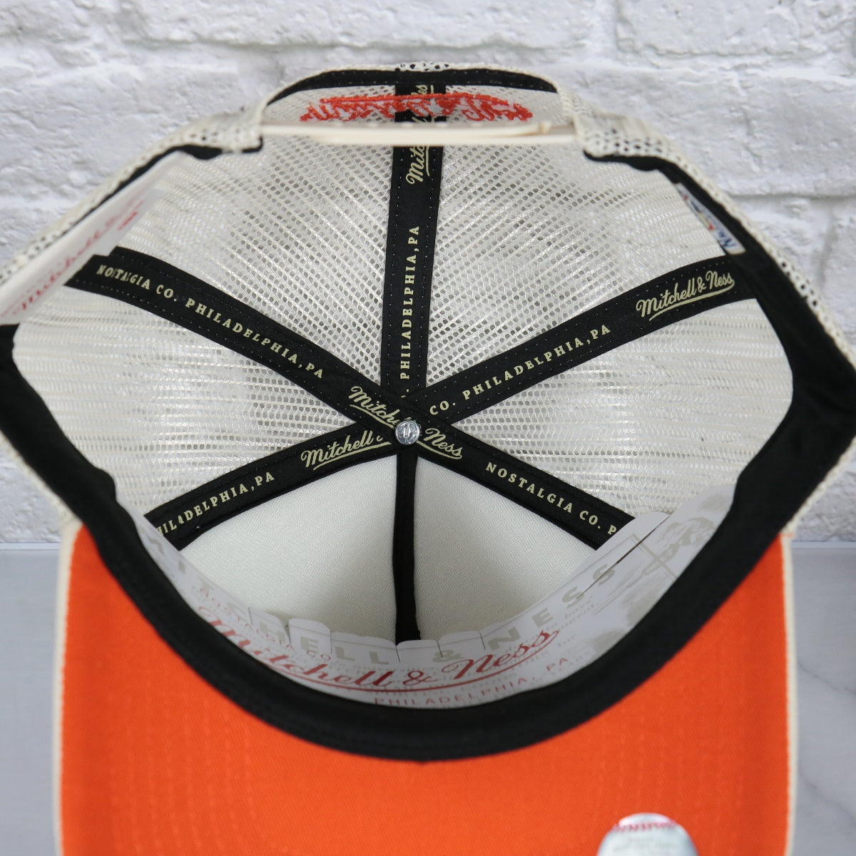 mitchell and ness taping on the Detroit Tigers Cooperstown Evergreen Pro Orange bottom | Off White Trucker Hat
