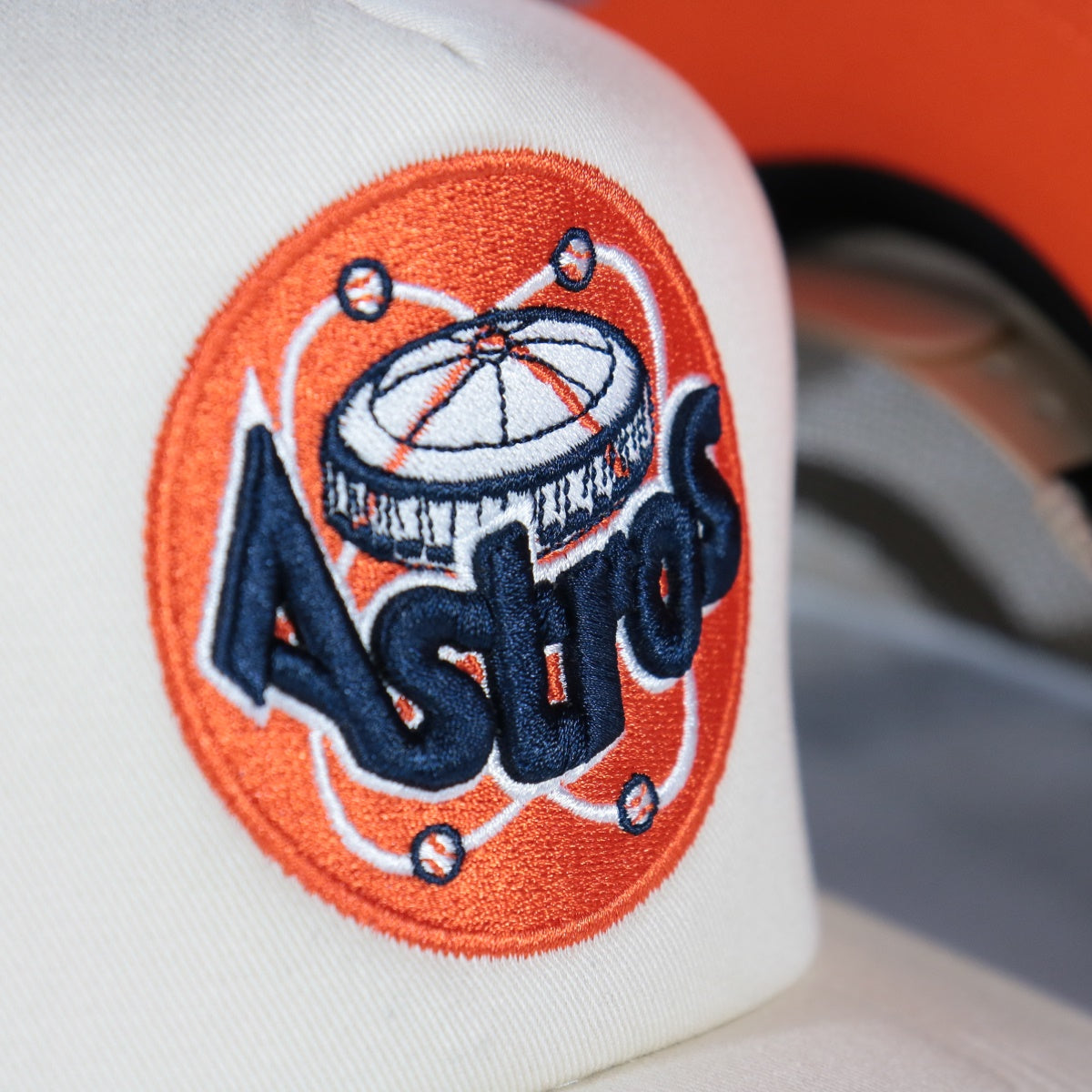 astros logo on the Houston Astros Cooperstown Evergreen Pro Orange bottom | Off White Trucker Hat