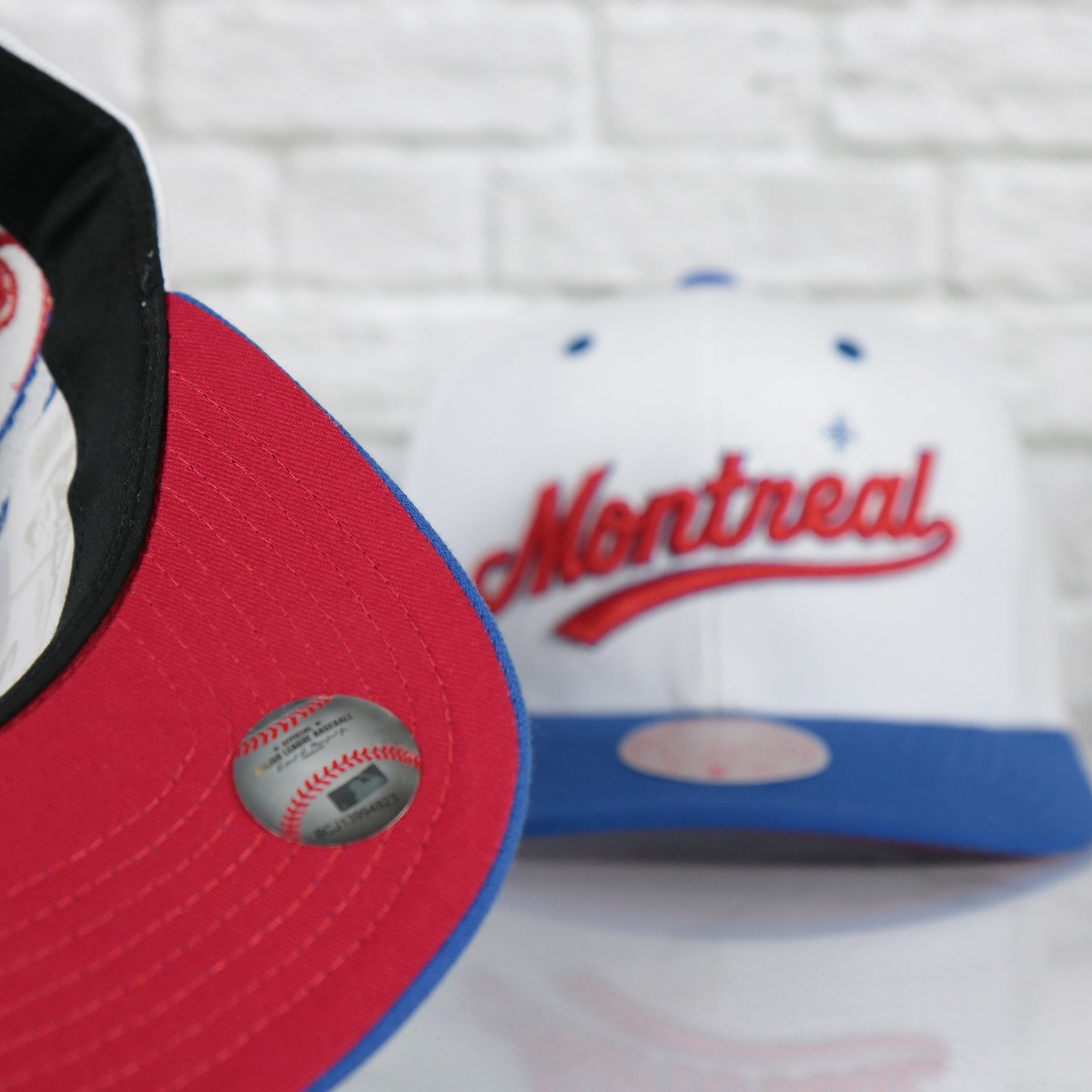 red bottom on the Montreal Expos Cooperstown "Montreal" Jersey Script 1969 Expos logo side patch Evergreen Pro | White/Royal Snapback Hat