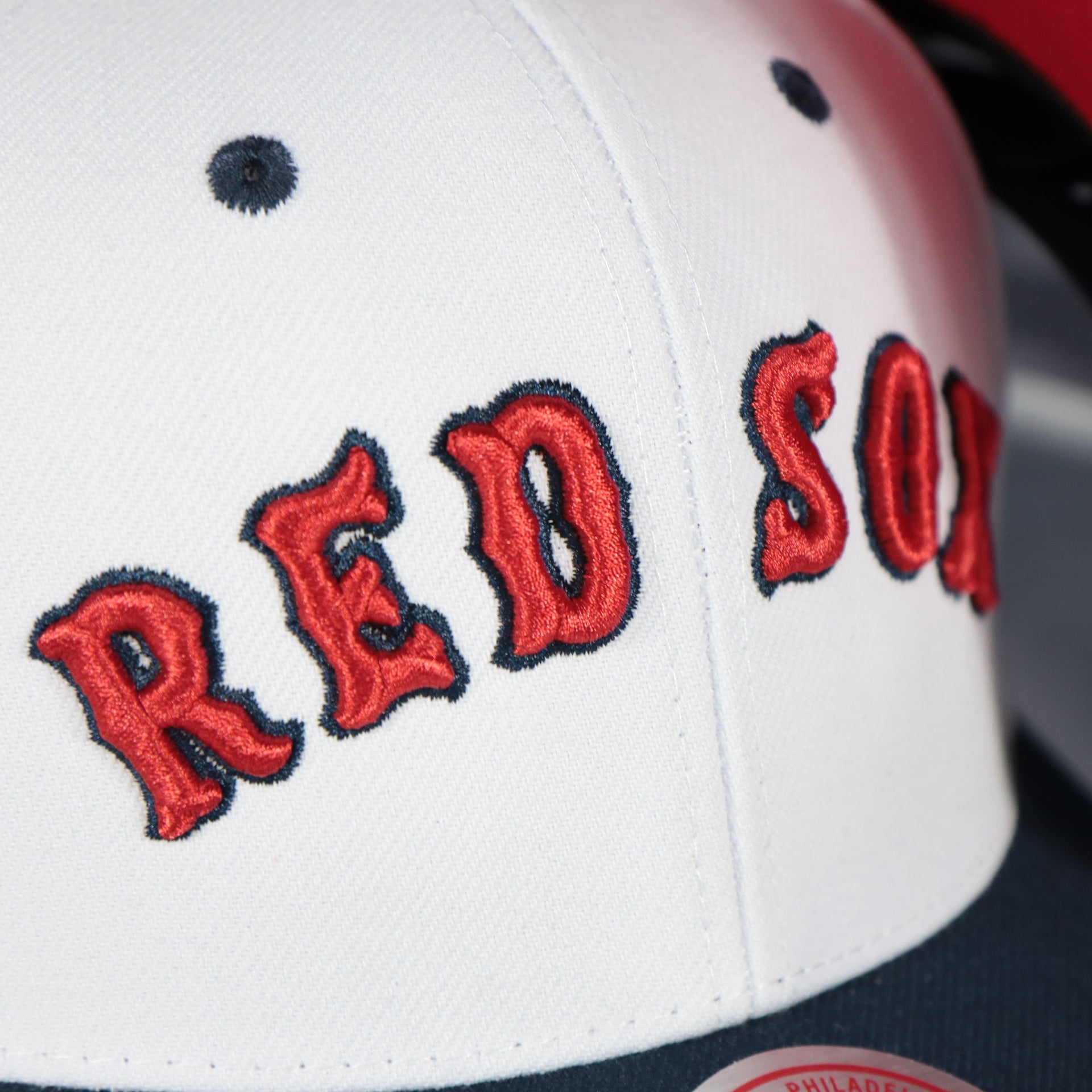 red sox wordmark on the Boston Red Sox Cooperstown "Red Sox" Jersey Script 1961 Red Sox logo side patch Evergreen Pro | White/Navy Snapback Hat