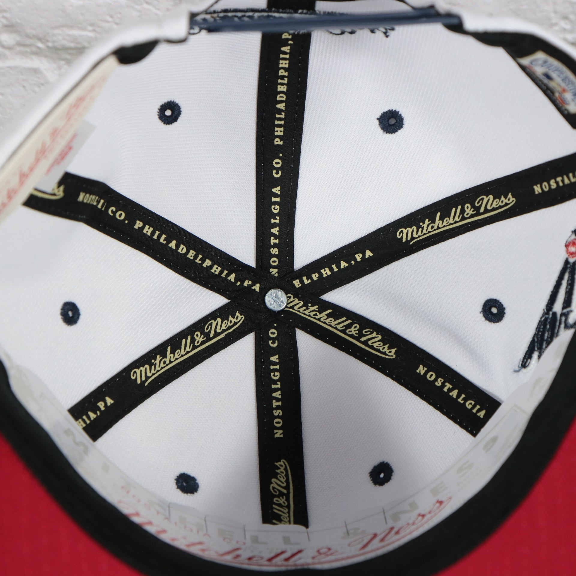 mitchell and ness taping on the Chicago White Sox Cooperstown "Sox" Jersey Script 1987 White Sox logo side patch Evergreen Pro | White/Navy Snapback Hat