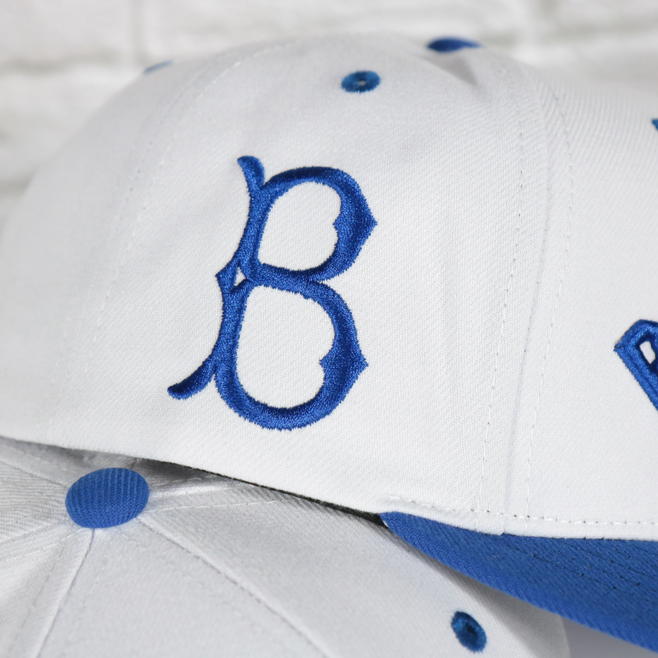 dodgers logo side patch on the Brooklyn Dodgers Cooperstown "Brooklyn" Jersey Script 1932 Dodgers logo side patch Evergreen Pro | White/Royal Snapback Hat