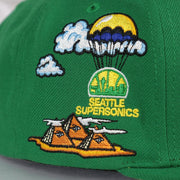 psychedelic patch on the Seattle Supersonics Throwback Wordmark Hardwood Classics  All Over Energy Psychedelic patch | Green Snapback hat