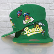 psychedelic patch on the Seattle Supersonics Throwback Wordmark Hardwood Classics  All Over Energy Psychedelic patch | Green Snapback hat