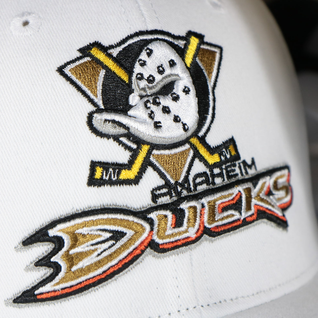 ducks logo on the Anaheim Ducks NHL All in Pro Sand Bottom | White Snapback Hat