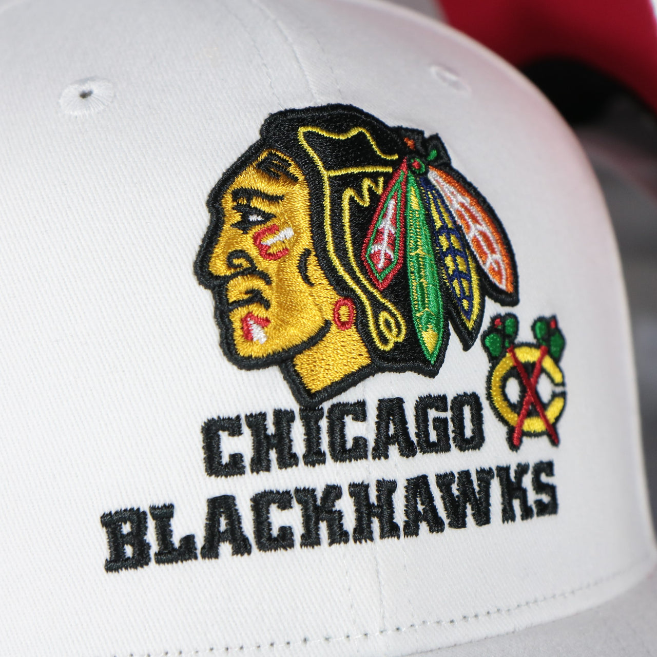 blackhawks logo on the Chicago Blackhawks NHL All in Pro Red Bottom | White Snapback Hat
