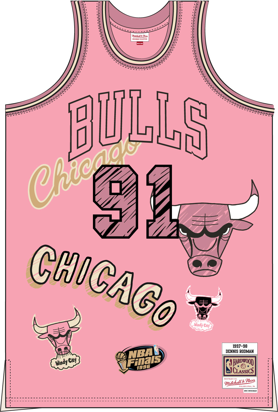 Mitchell & Ness Dennis Rodman Chicago Bulls Pink 1997/98 Swingman Sidewalk  Sketch Jersey