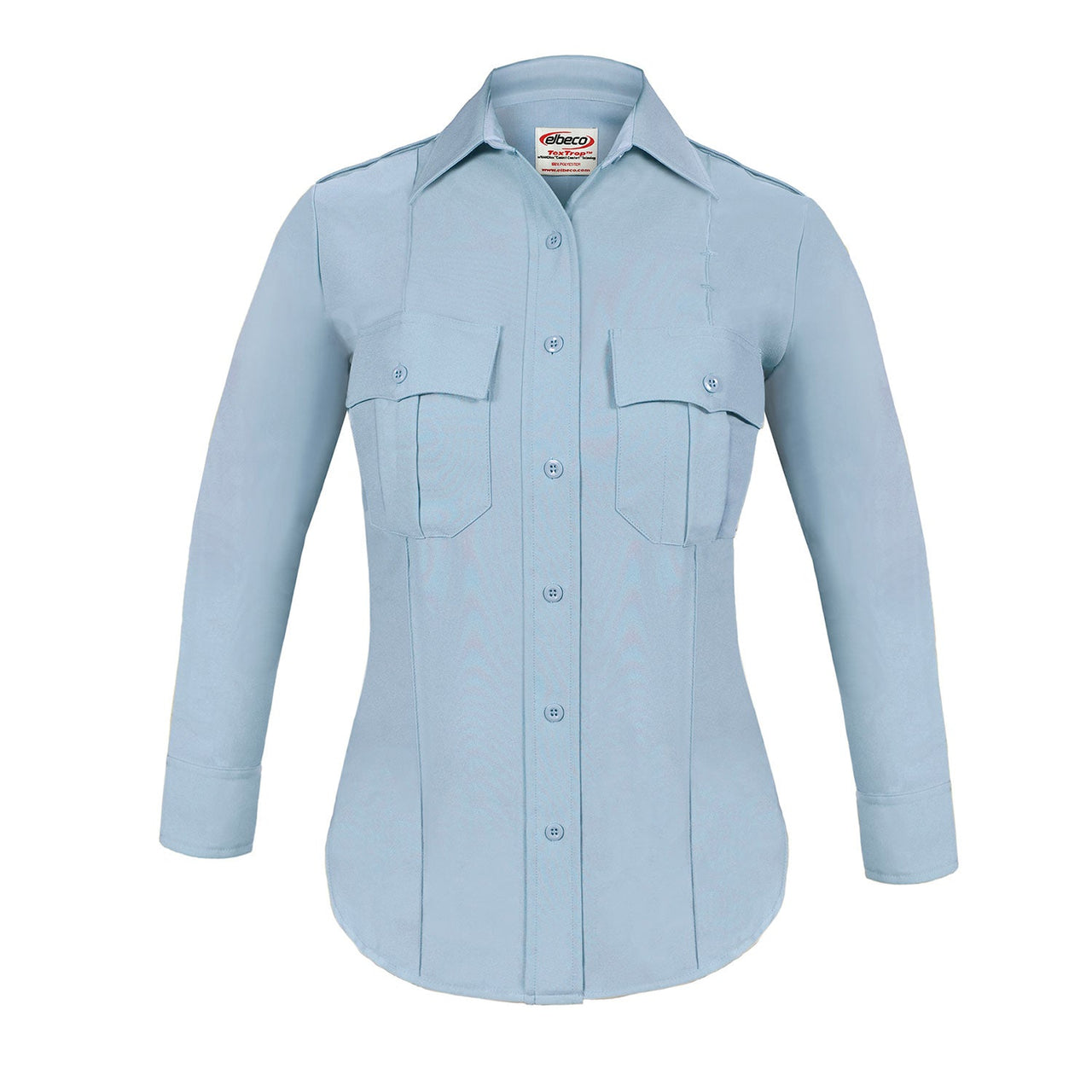 the TexTrop2 Long Sleeve Women's Uniform Shirt | French Blue Moisture Wicking Police Duty Shirt for Women has patch pockets and a pointed collar