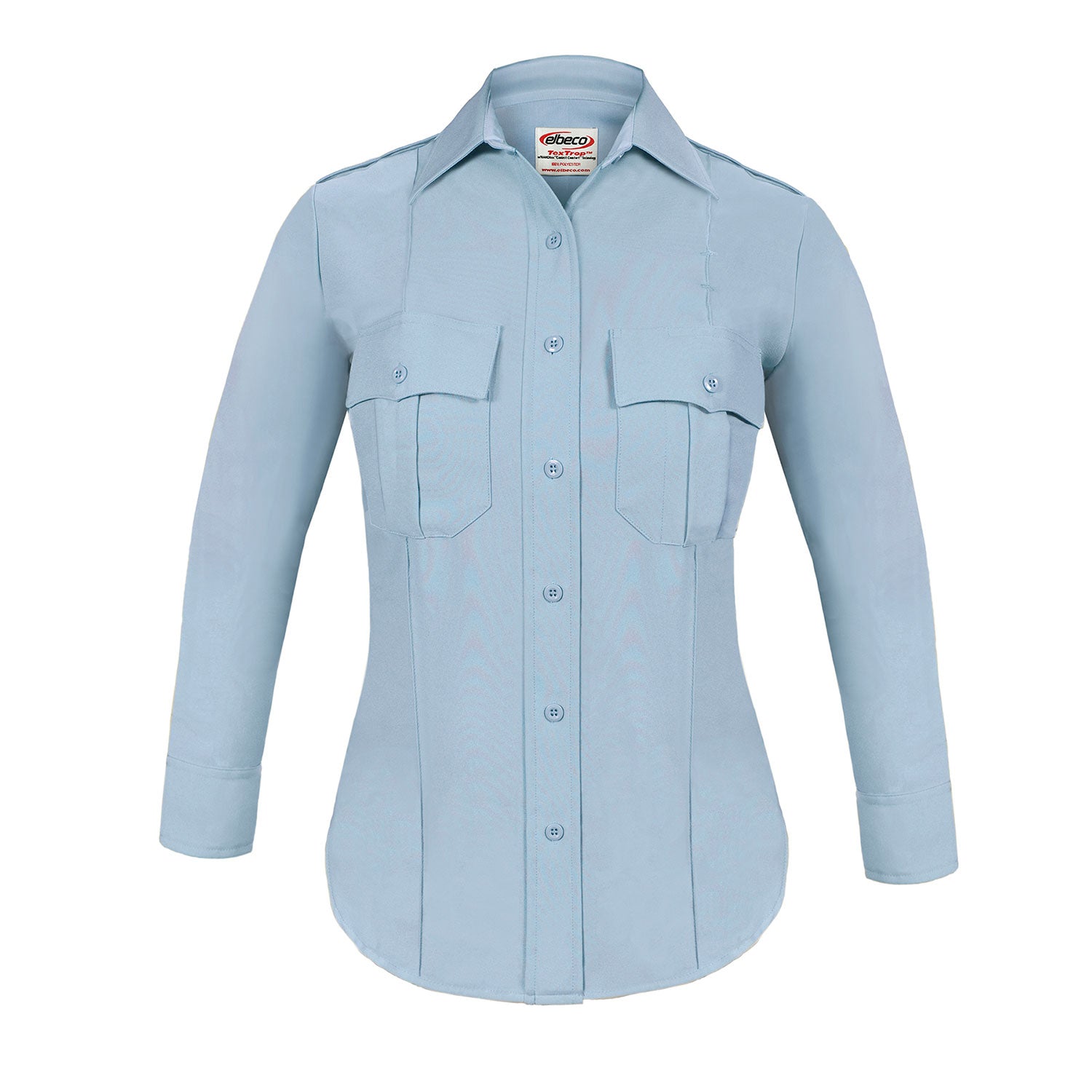 the TexTrop2 Long Sleeve Women's Uniform Shirt | French Blue Moisture Wicking Police Duty Shirt for Women has patch pockets and a pointed collar