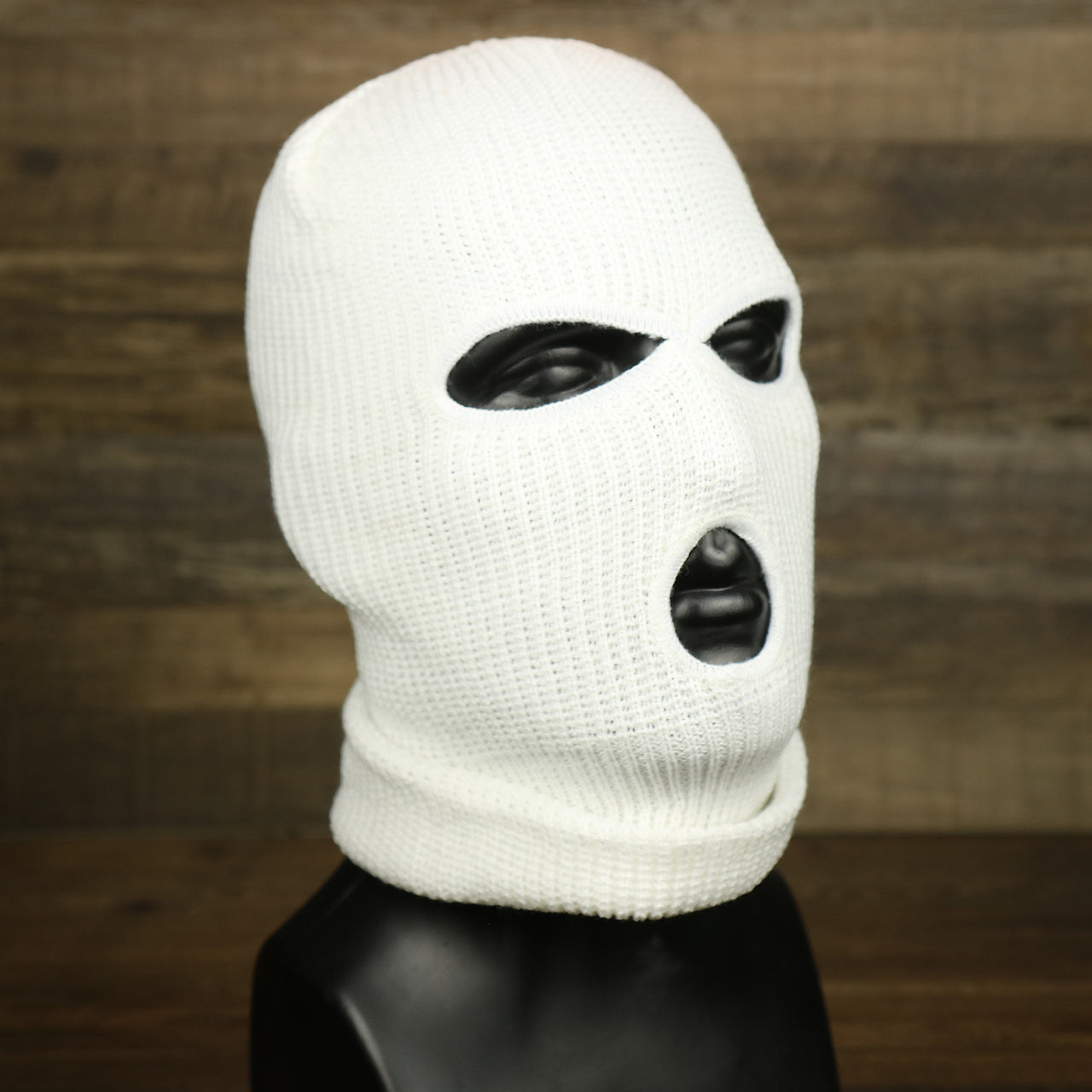 The White Snug Fit Three Hole Balaclava | White Knit Ski Mask pulled down