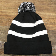 The backside of the Philadelphia Flyers Mascot Gritty Black And White Striped Cuffed Pom Pom Winter Beanie | Black Winter Beanie