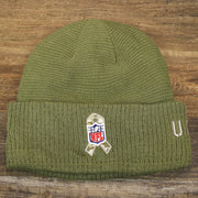The backside of the New York Giants Salute To Service Ribbon Rubber Military Giants Patch On Field NFL Beanie | Military Green Beanie