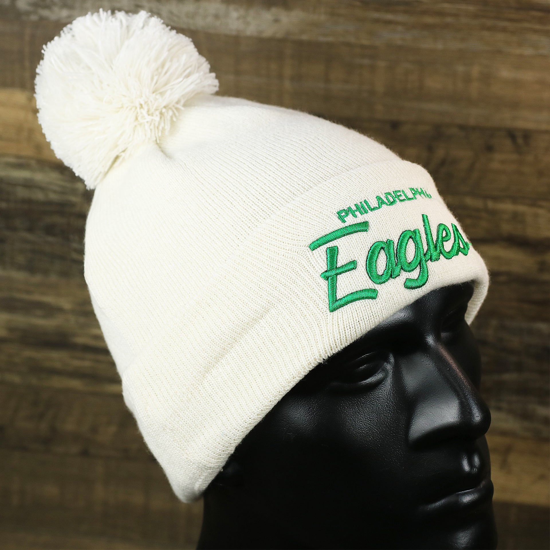 The Philadelphia Eagles Script Cuffed Winter Beanie With Pom Pom | Ivory Winter Beanie