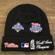 The backside of the Philadelphia Phillies All Over World Series Side Patch 2x Champion Knit Cuff Beanie | New Era, Black