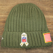The backside of the Youth Dallas Cowboys on Field Salute To Service Ribbon American Flag Side Patch Winter Beanie | Kid’s Olive Green Winter Beanie