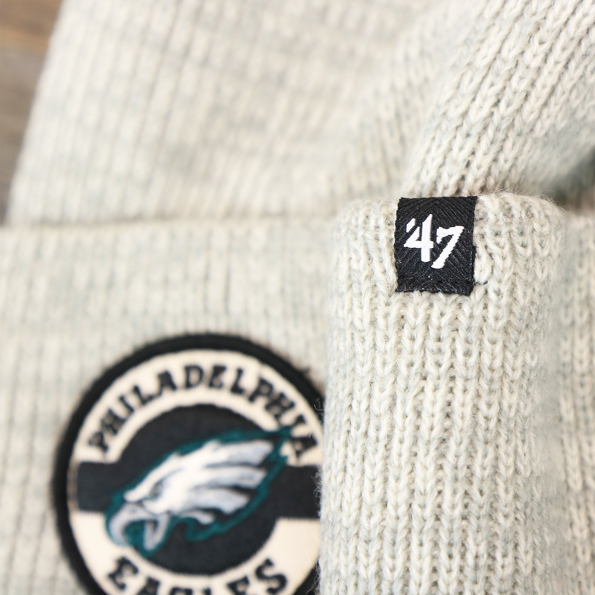 The 47 Tag on the Philadelphia Eagles Patch Cuffed Winter Beanie | Heather Gray Winter Beanie