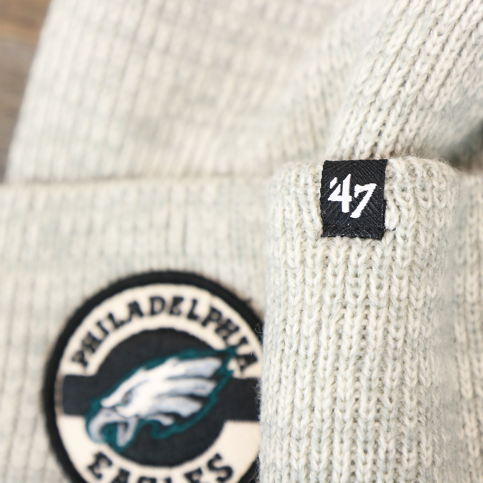 The 47 Tag on the Philadelphia Eagles Patch Cuffed Winter Beanie | Heather Gray Winter Beanie