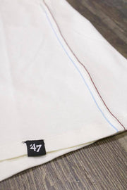 on the side of the Philadelphia Phillies Throwback Vintage 2-Tone T-Shirt | Distressed Phils Logo Cooperstown Collection Heritage Opener Tee is a blue and maroon stitch detail