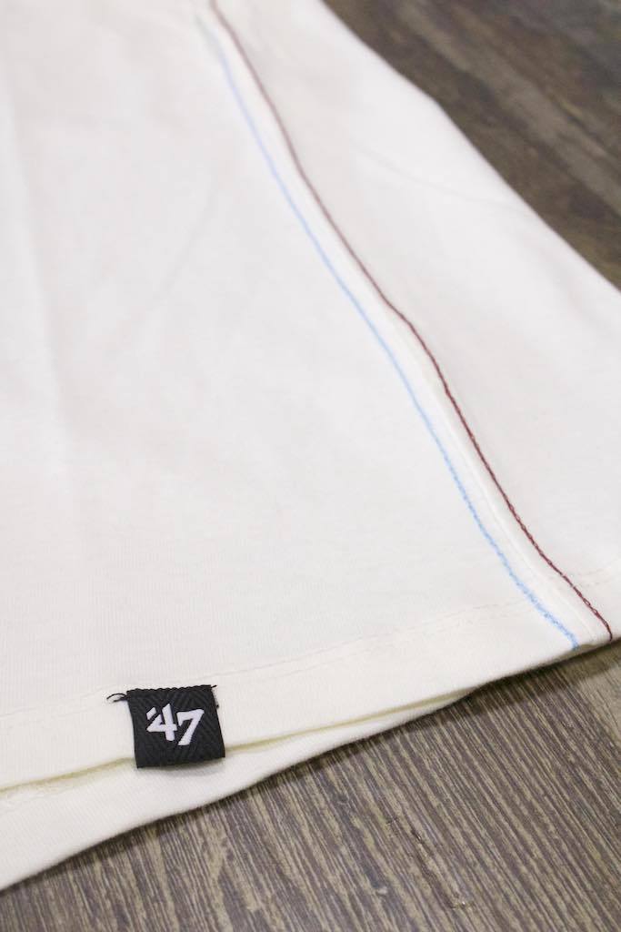 on the side of the Philadelphia Phillies Throwback Vintage 2-Tone T-Shirt | Distressed Phils Logo Cooperstown Collection Heritage Opener Tee is a blue and maroon stitch detail