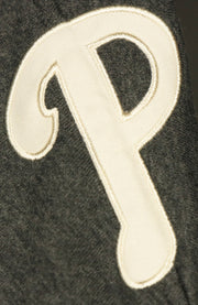 Phillies stitched logo on the Philadelphia Phillies Vintage Hockey 47 Lacer Hoodie |  Black, Gray, White