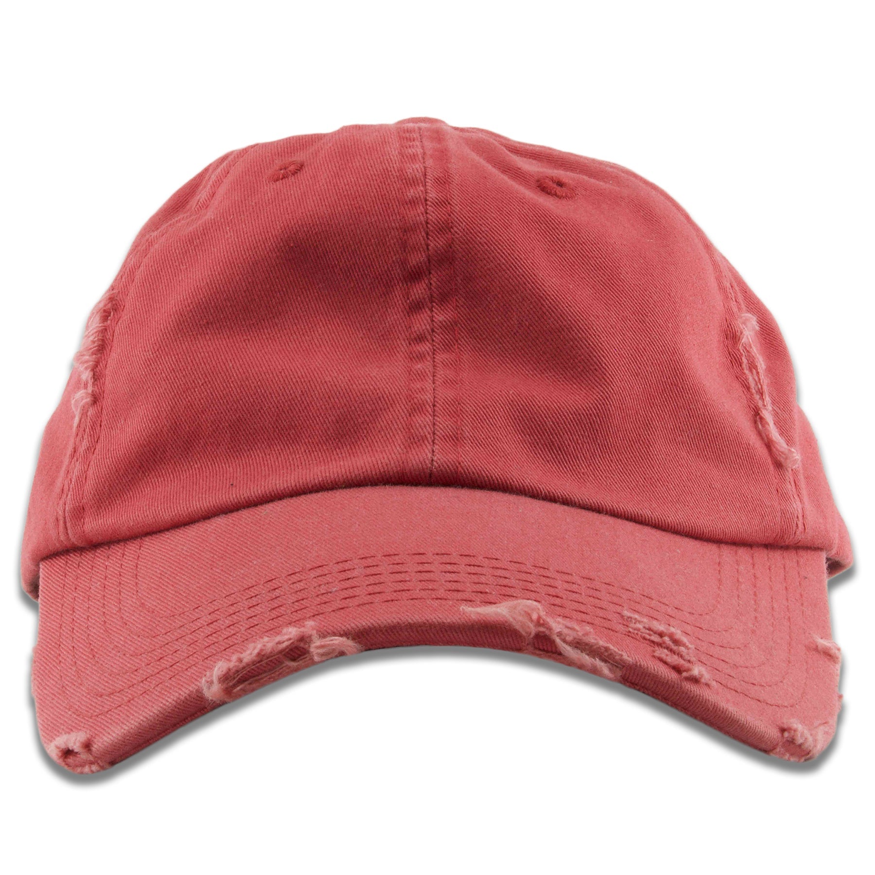 The dashing red distressed dad hat features an unstructured crown and a bent brim with rips along it to give it a vintage appearance