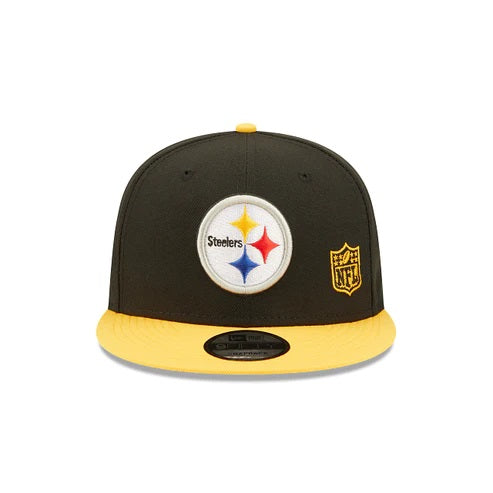 The front Pittsburgh Steelers Throwback Green Bottom Yellow Letter Arch 9Fifty Snapback Cap | Back Letter Arch Black 9Fifty