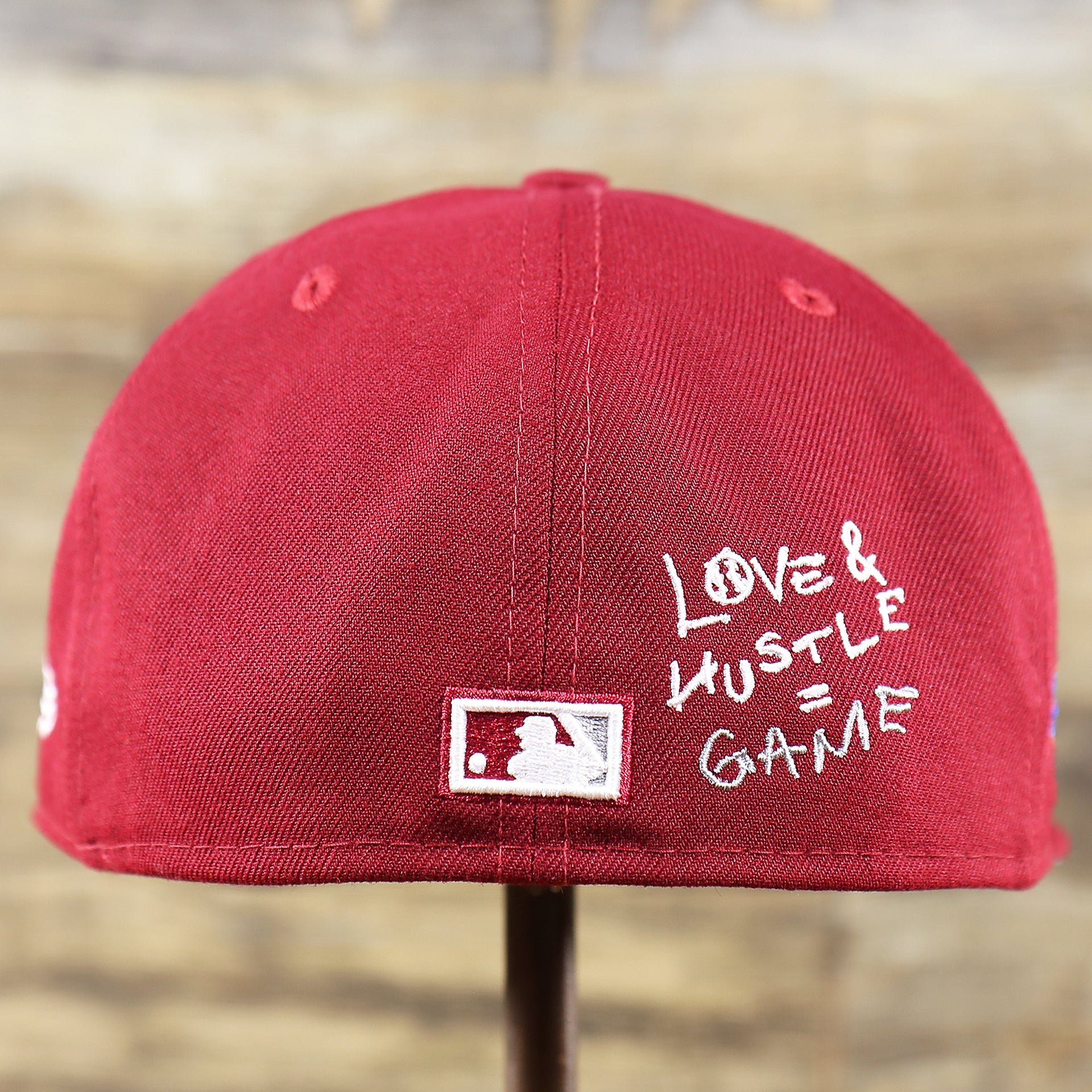 The backside of the Cooperstown Philadelphia Phillies Baseball Heart Gray Bottom World Series 59Fifty Fitted Cap | Maroon 59Fifty Cap