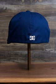 the back of the Navy Blue Skater Hat | DC Shoes Blue Bottom Navy Flexfit Cap has an adjustable elastic band inside