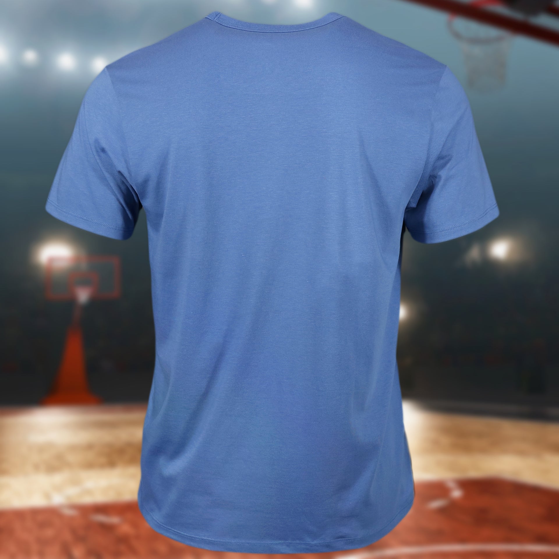 back side of the Philadelphia 76ers Distressed Throwback Logo Cadet Blue Premium Franklin T-Shirt