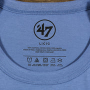 47 brand tag on the inside of the Philadelphia 76ers Distressed Throwback Logo Cadet Blue Premium Franklin T-Shirt