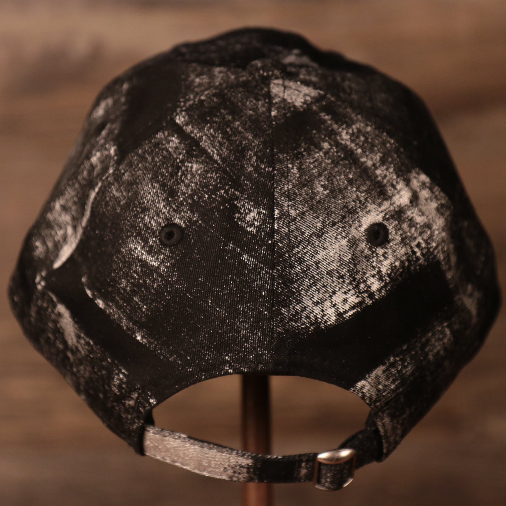 the back of this mickey mouse cap had an adjustable strap that is grey and black Mickey Mouse Black Dad Hat | Angry Mickey Mouse Black Dad Cap