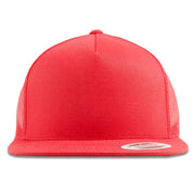 The red mesh-back trucker snapback features a red high structured crown and a red flat brim