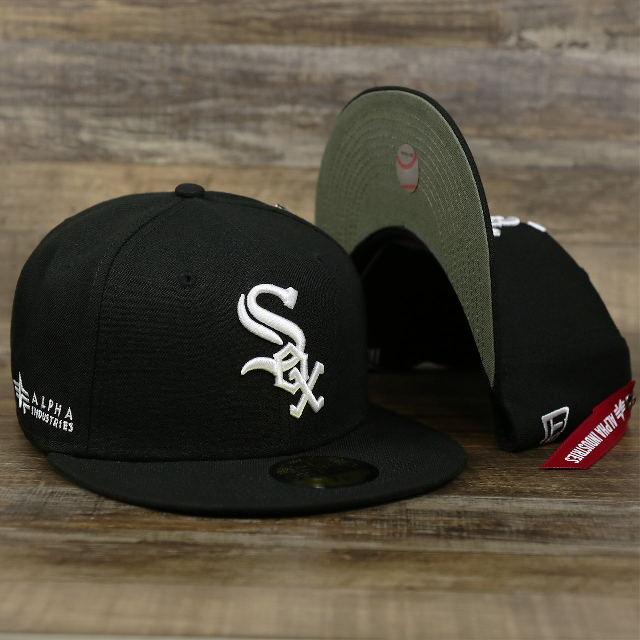 The Chicago White Sox Alpha Industries Side Patch Army Green Undervisor 59FIfty Fitted Cap With Hangtag | Black 59FIfty Cap
