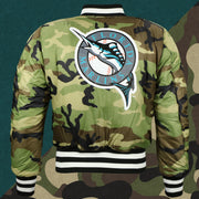 back side of the revered side on the Florida Marlins MLB Patch Alpha Industries Reversible Bomber Jacket With Camo Liner | Black Bomber Jacket