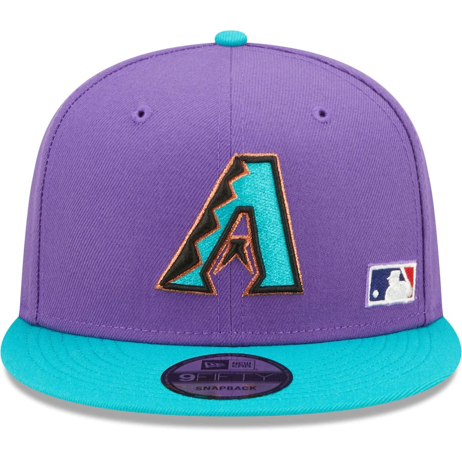 The front of Cooperstown Arizona Diamondbacks Retro Green Bottom Gold Letter Arch 9Fifty Snapback | Back Letter Arch 9Fifty Purple