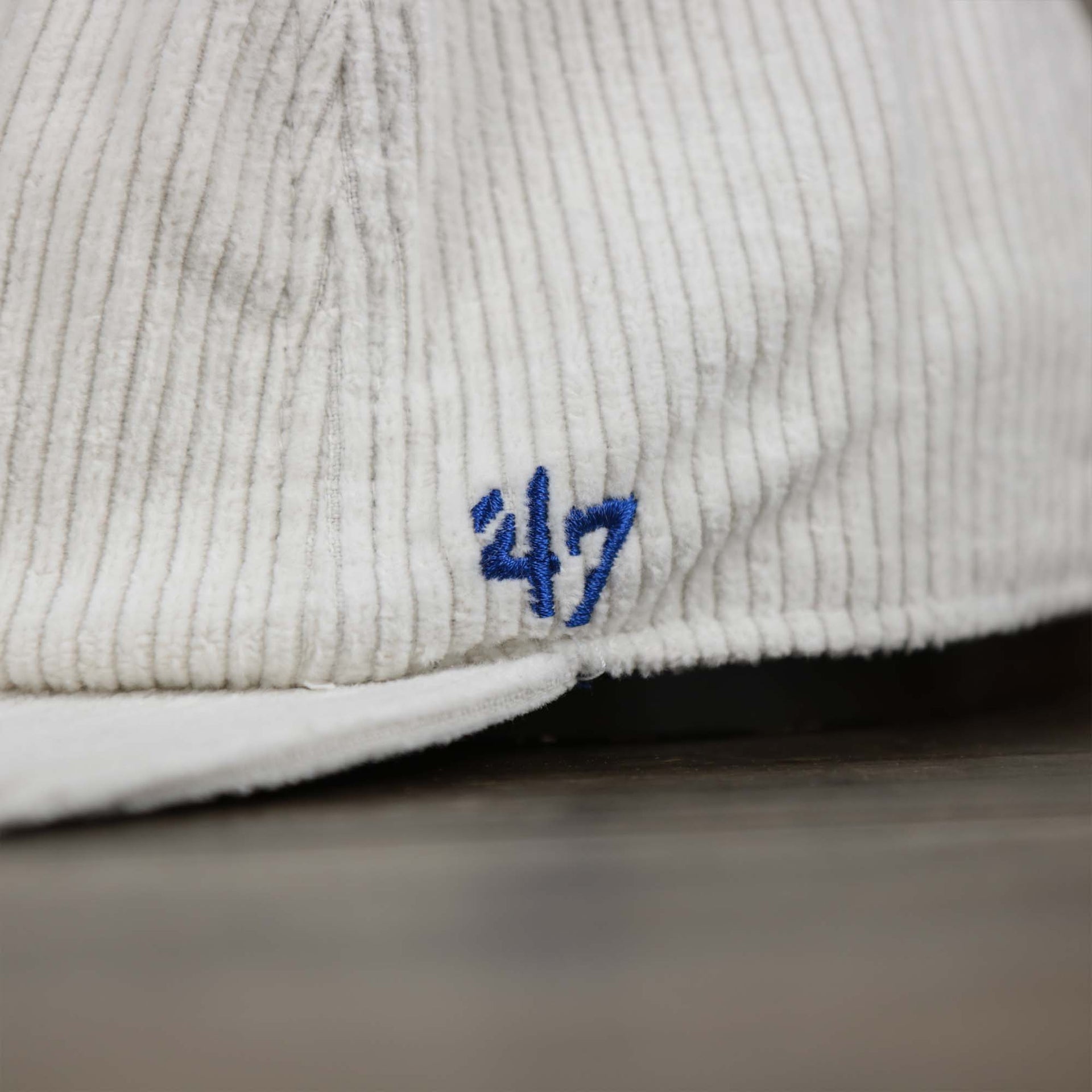 The 47 brand logo on the Corduroy Philadelphia Athletics Cooperstown Snapback | 47 Brand White