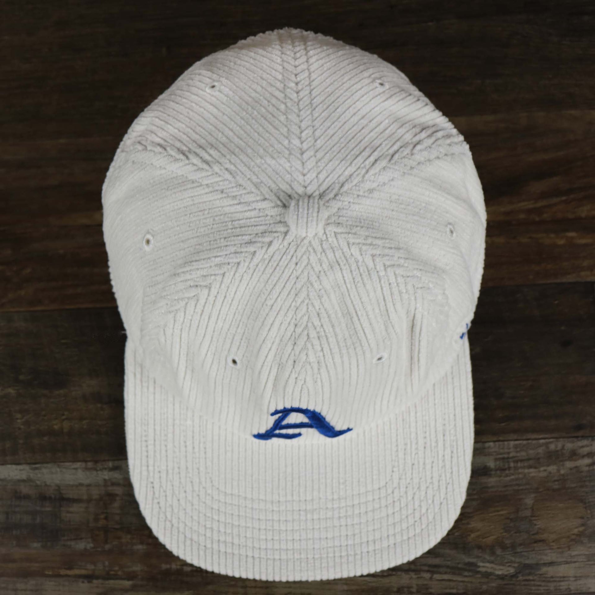 An overhead view of the Corduroy Philadelphia Athletics Cooperstown Snapback | 47 Brand White