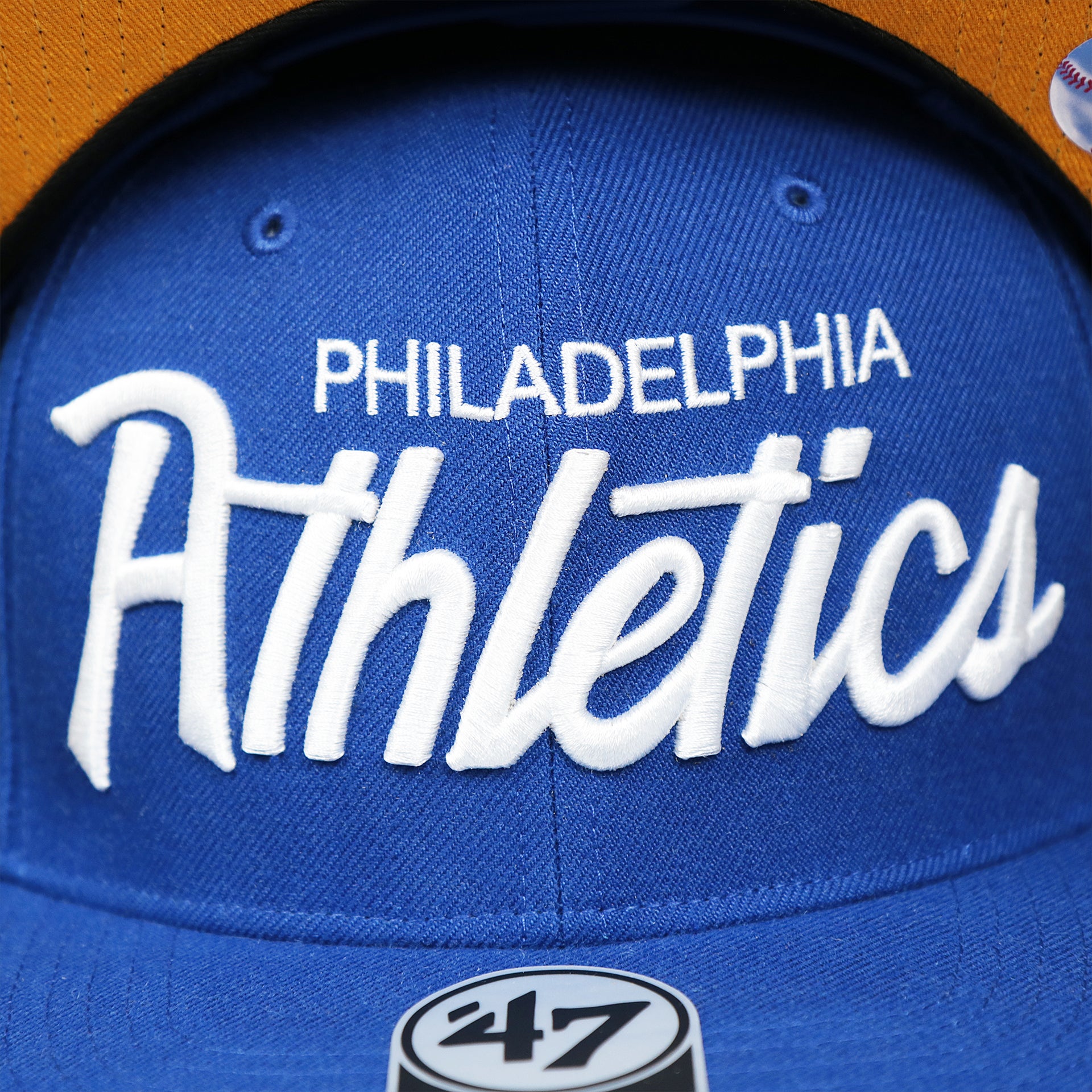The Philadelphia Athletics Wordmark on the Cooperstown Philadelphia Athletics Wordmark Retro Athletics Side Patch Snapback | Royal Blue Snapback