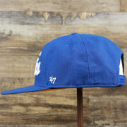 The wearer's left on the Cooperstown Philadelphia Athletics Wordmark Retro Athletics Side Patch Snapback | Royal Blue Snapback