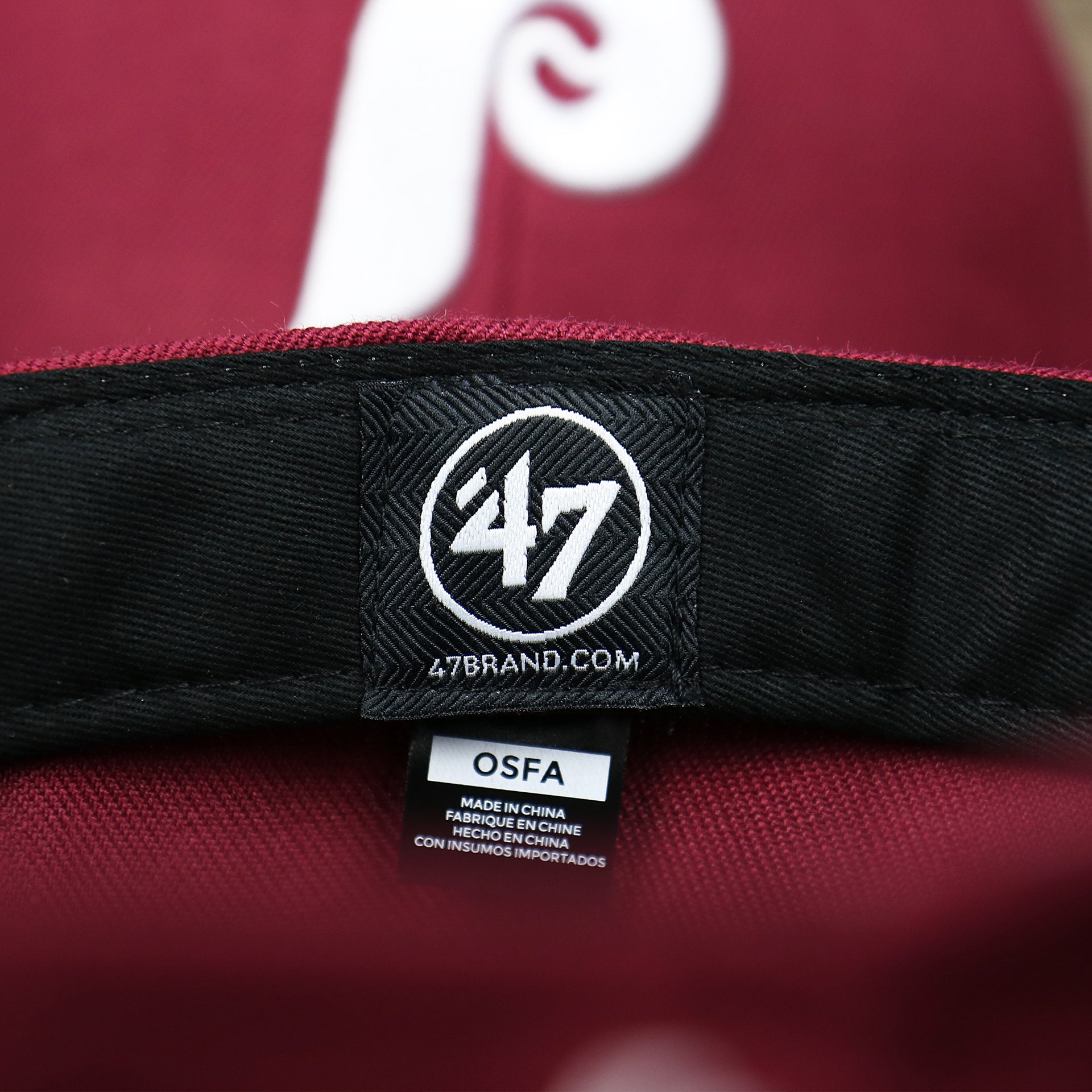 The 47 brand Tag on the Cooperstown Philadelphia Phillies Retro Phillies Logo Gray Bottom Dad Hat | Maroon Dad Hat