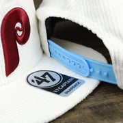 The 47 Captain Sticker on the Cooperstown Philadelphia Phillies Corduroy Snapback Hat | White Corduroy Snap Cap