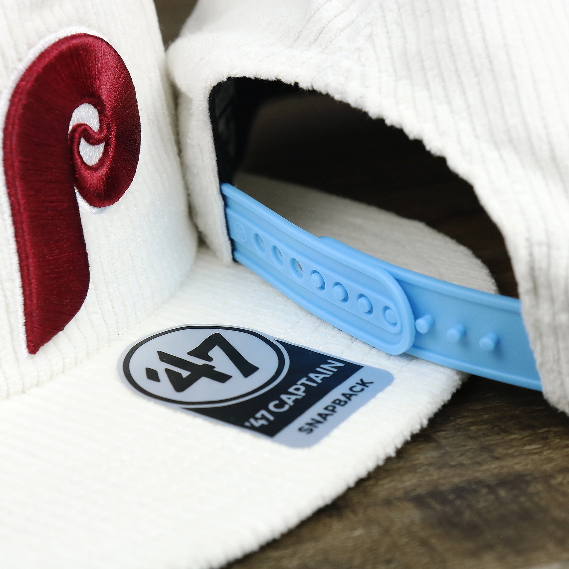 The 47 Captain Sticker on the Cooperstown Philadelphia Phillies Corduroy Snapback Hat | White Corduroy Snap Cap