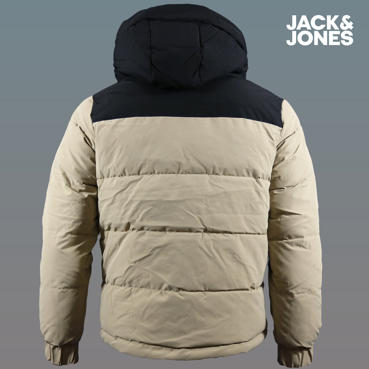 The backside of the Jack And Jones Dune Puffer Jacket With Hidden Pocket | Black and Tan Puffer Jacket
