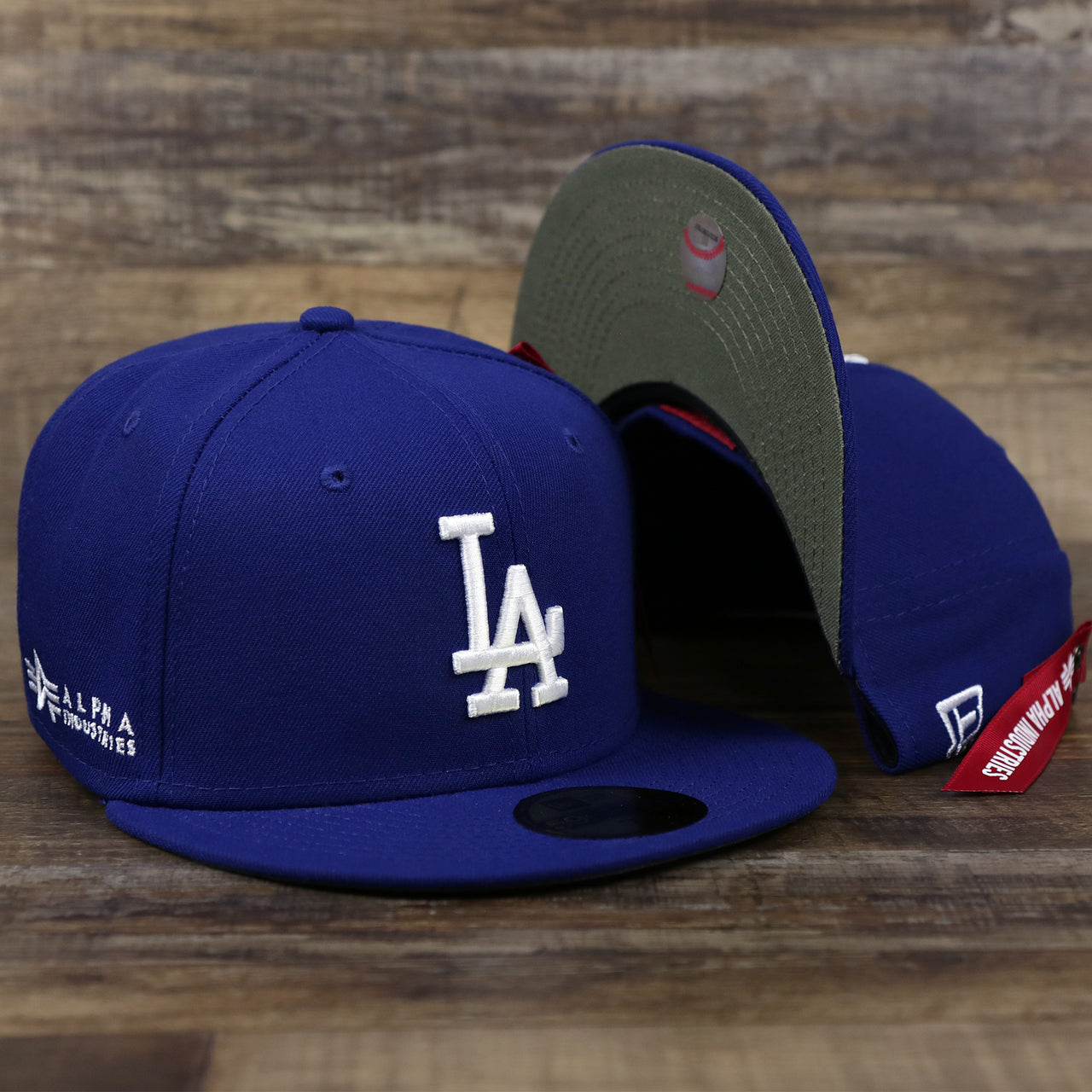 The Los Angeles Dodgers Alpha Industries Side Patch Army Green Undervisor 59FIfty Fitted Cap With Hangtag | Royal Blue 59FIfty Cap