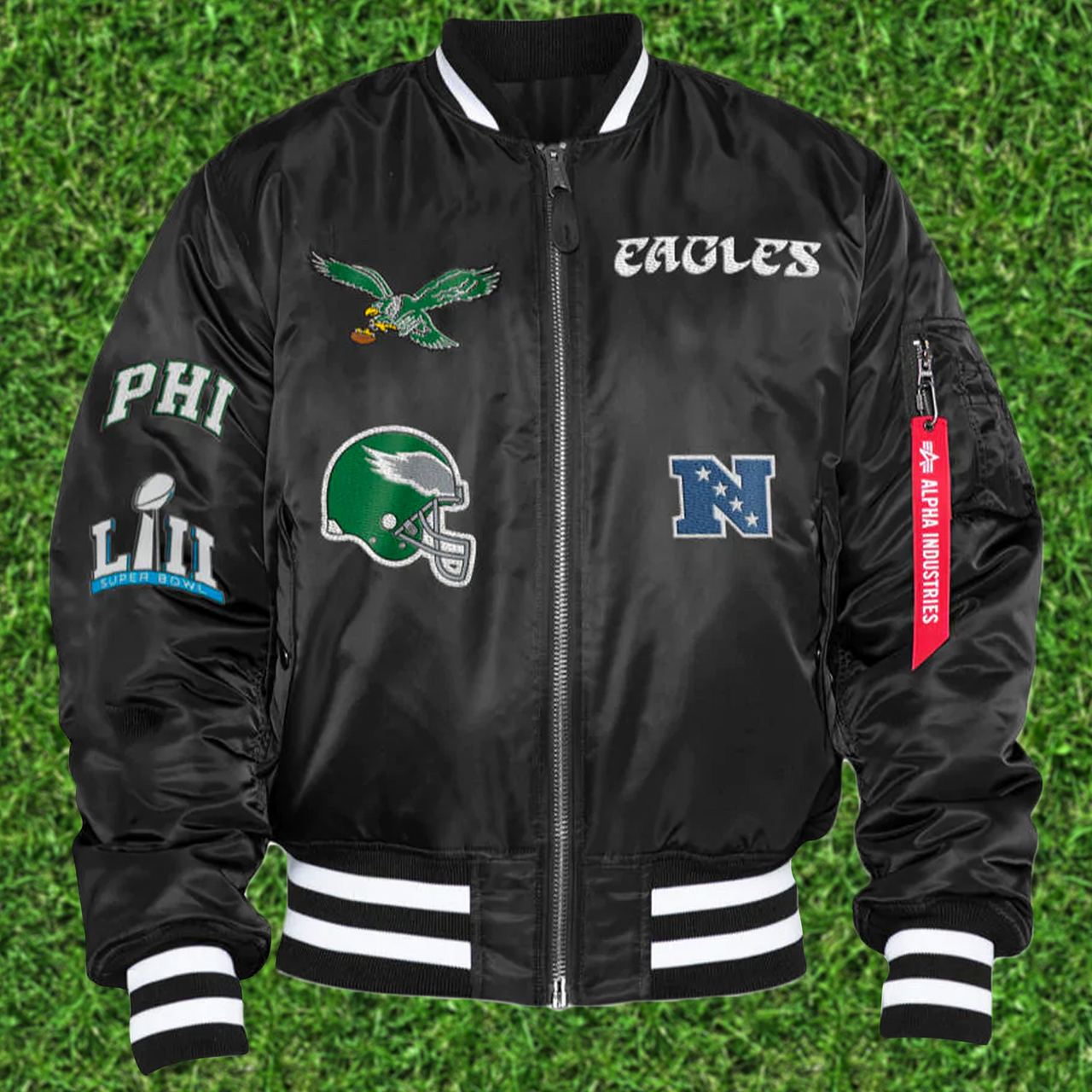 Front of the Philadelphia Eagles Throwback Men’s Vintage Reversible Bomber Jacket | Alpha Industries x New Era