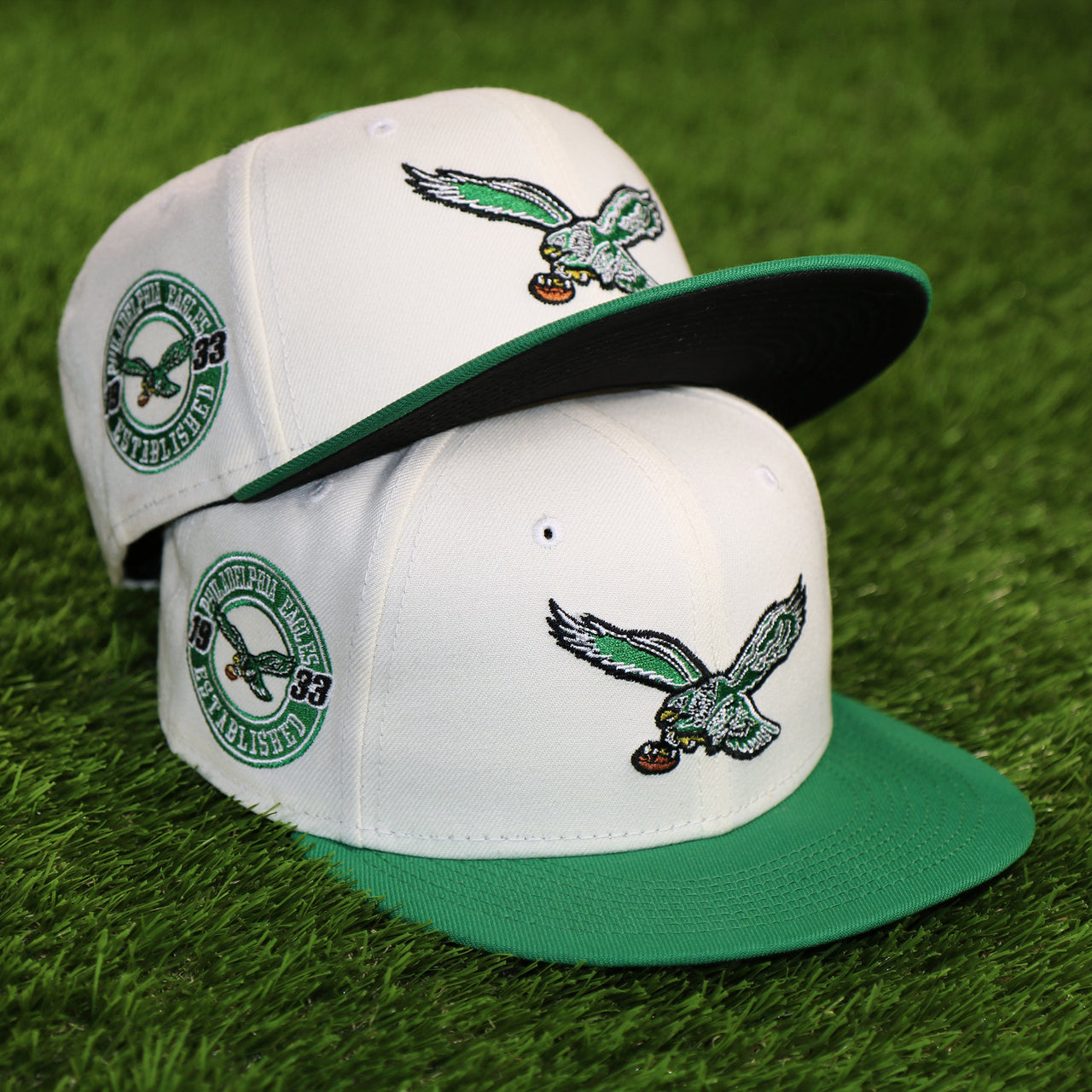 The Throwback Philadelphia Eagles Chrome Logo NFL Eagles SIde Patch 59Fifty Fitted Cap | Cream Fitted Cap