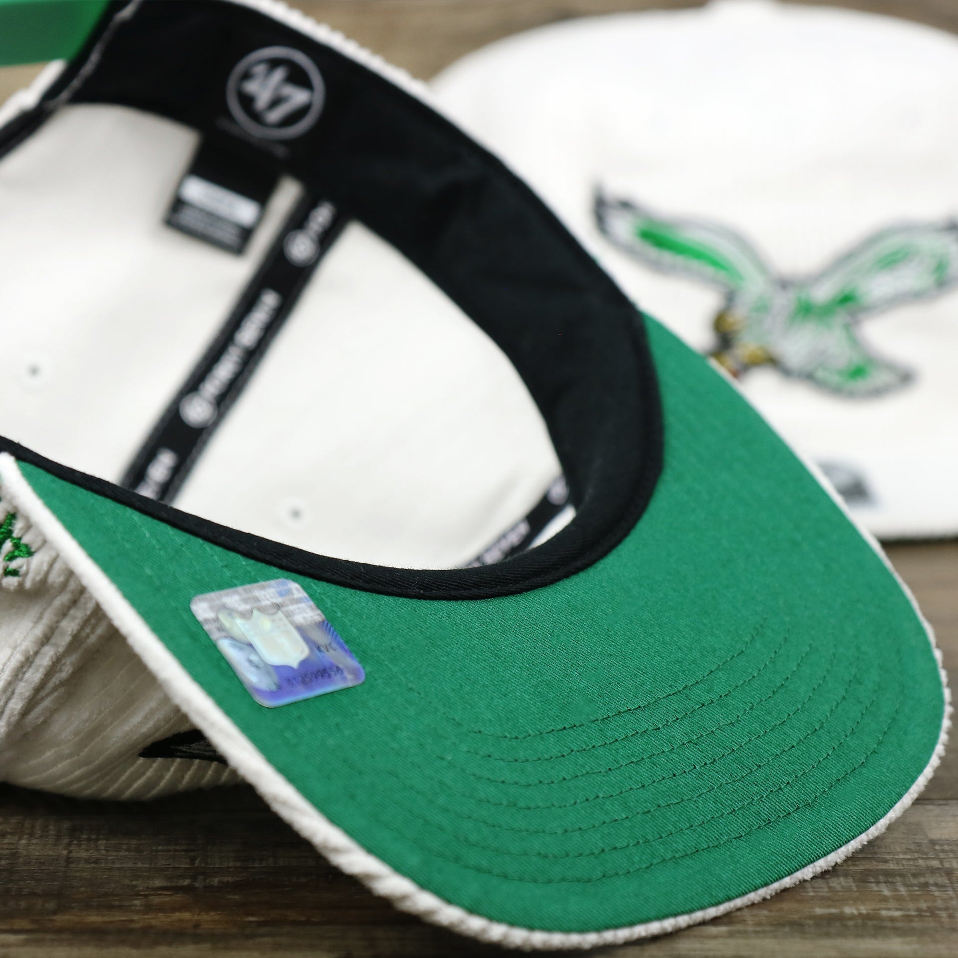 The undervisor on the Throwback Philadelphia Eagles Corduroy Snapback Hat | White Corduroy Snap Cap