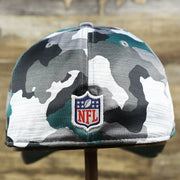 The backside of the Philadelphia Eagles Summer Training 2022 Camo 39Thirty FlexFit Cap | Midnight Green Camo 39Thirty Cap